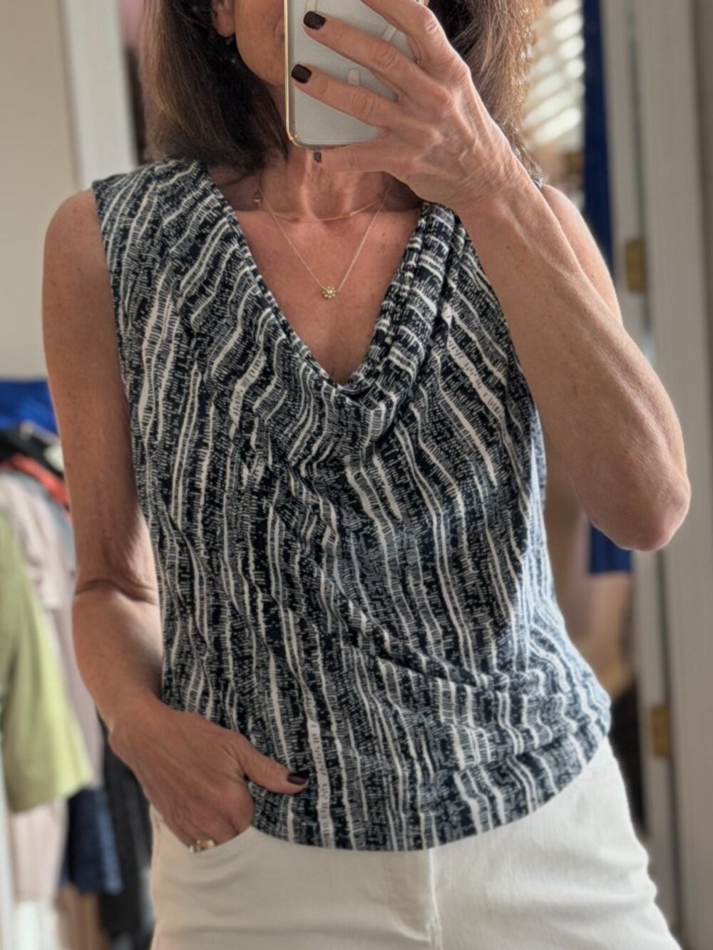Ellen Tracy Navy White Abstract Stripe Cowl Neck Sleeveless Career Top S
